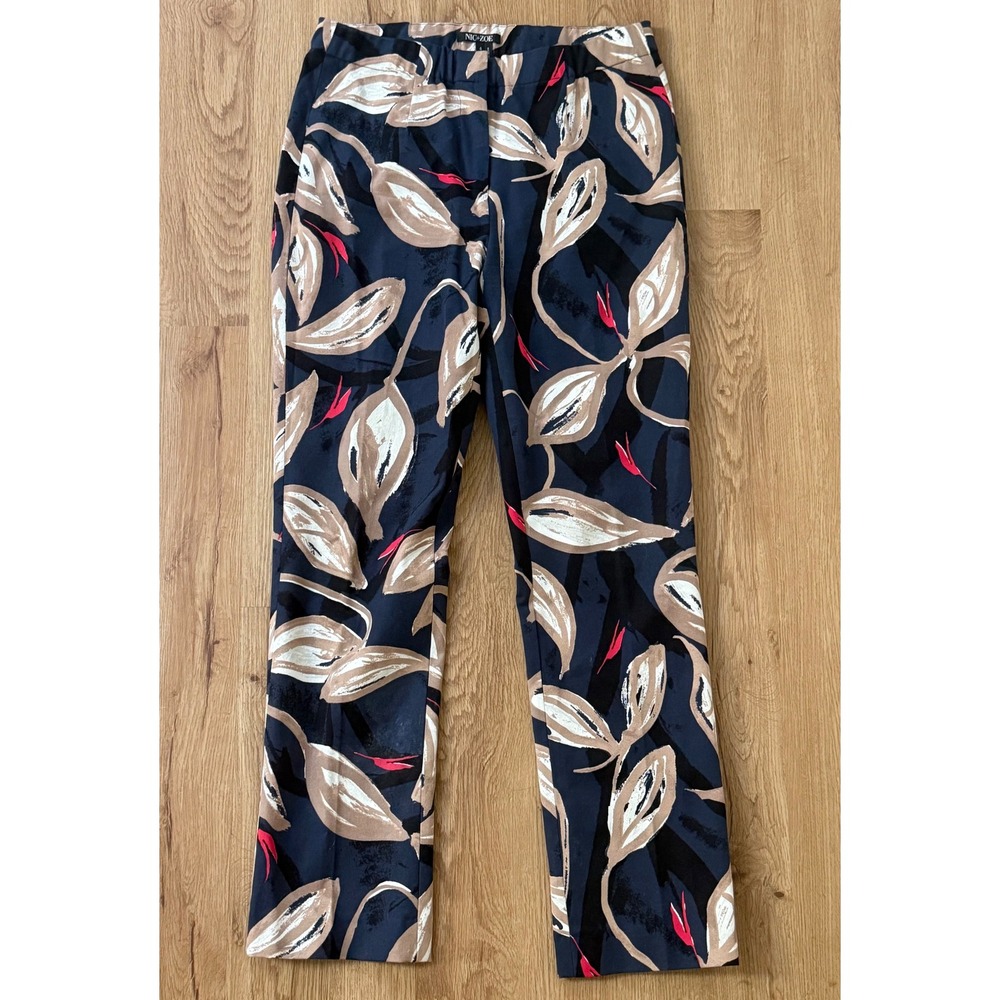 NIC+ZOE Women's Size 4 Botanical Leaf Print Navy Slim Ankle Straight Leg‎ Pants